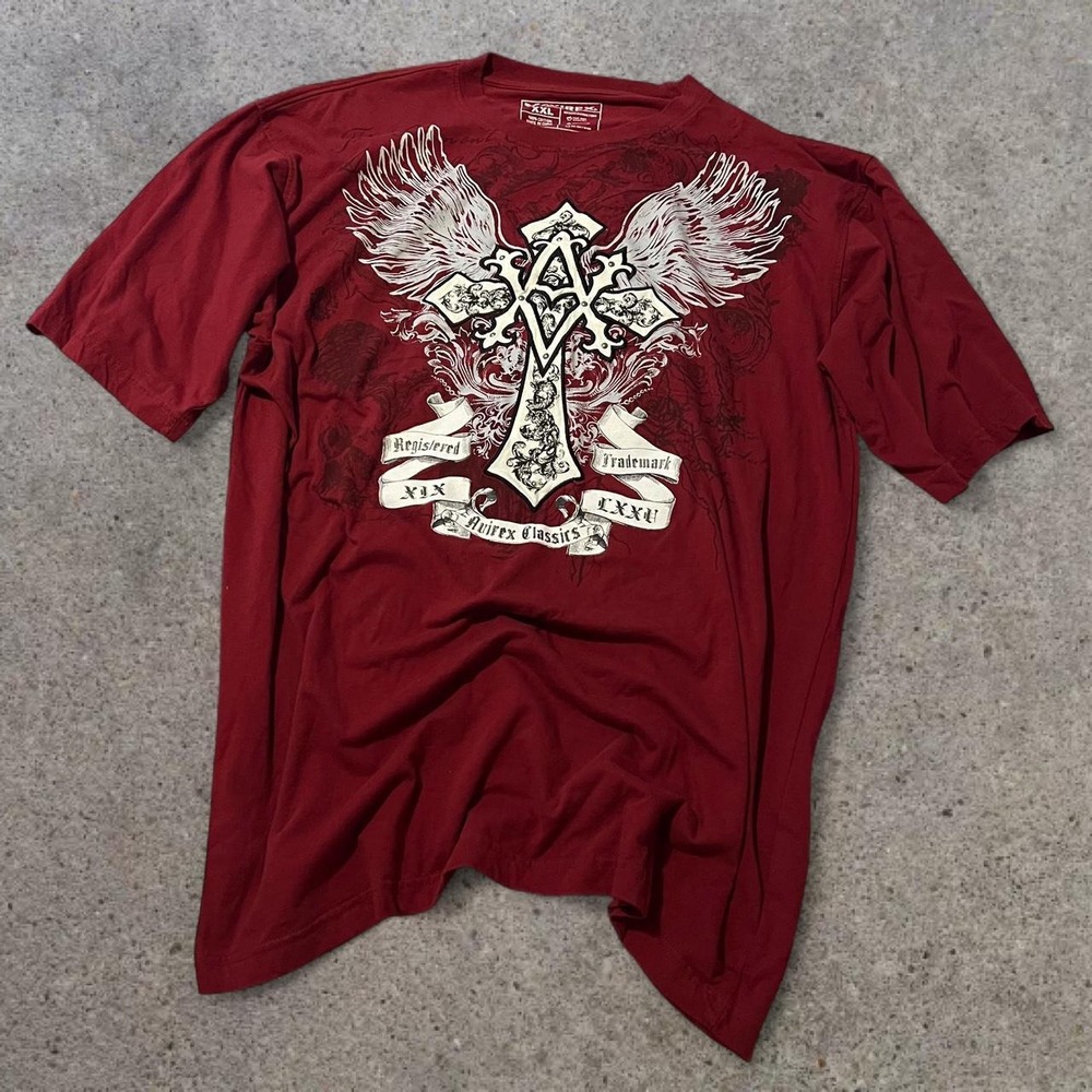 Vintage Avirex Classics Affliction Style Graphic Tee 2X Burgundy Red Cross Wings